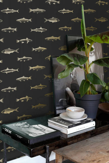 Tapeta 139124 czarna w złote ryby