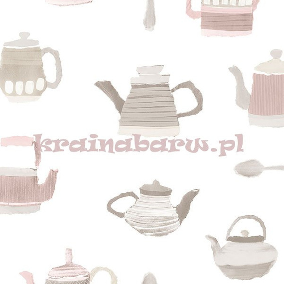 Gładka tapeta z szarymi, beżowymi i różowymi  czajniczkami na białym tle