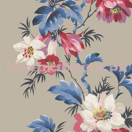 Tapeta z  wzorem dużych kolorowych tropikalnych kwiatów na beżowym  tle