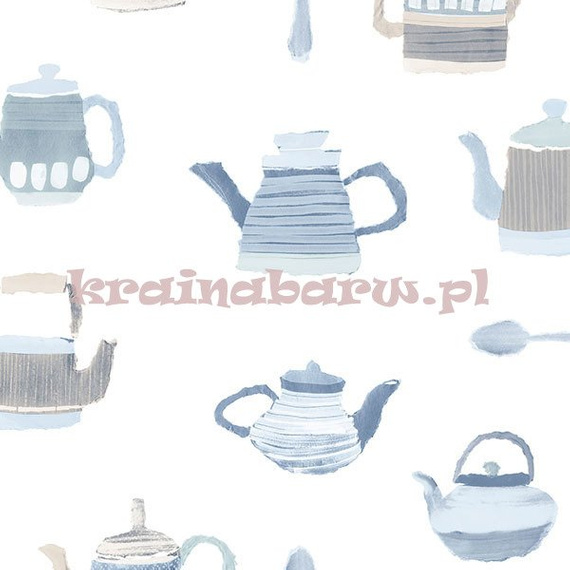 Gładka tapeta z niebieskimi, beżowymi czajniczkami na białym tle