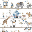 Tapeta zabawny cyrk ze zwierzątkami w szrościach beżach niebieskim na białym tle
