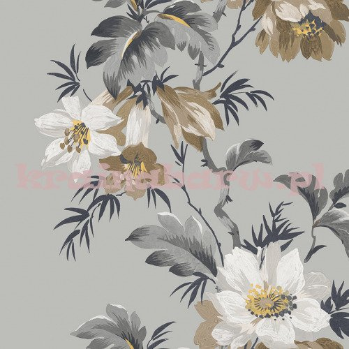 Tapeta z  wzorem dużych tropikalnych kwiatów na szarym tle