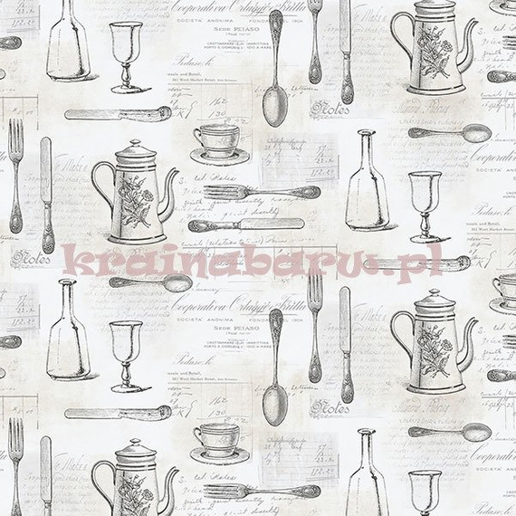 Tapeta z czarnymi karafkami, dzbankami, łyżkami, rachunkami na kremowym tle