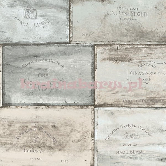 Tapeta niebiesko zielone beżowe drewniane skrzynki na wino z napisami