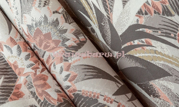 Tapeta z dużym wzorem liści i kwiatów  w szarościach czerni  czerwieni  w stylu Art-deco