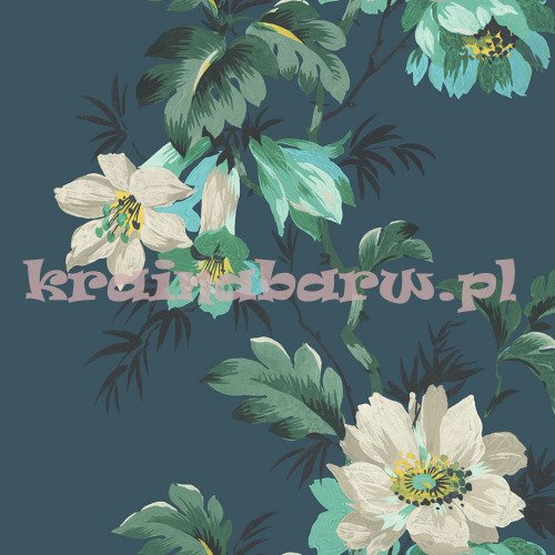 Tapeta z wzorem dużych tropikalnych kwiatów na głębokim zielono niebieskim tle