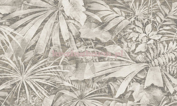  Tapeta z dużymi liśćmi w tropikalnym ogrodzie w odcieniach beży