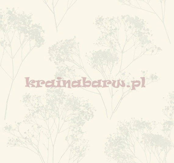 Tapeta botaniczna z gałązkami drobnych jasno szarych kwiatów na połyskującym kremowym tle