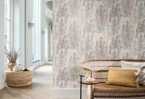 Tapeta Tahiti TA 25080 duże tropikalne liscie szaro beżowa