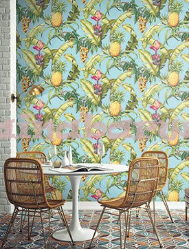 Tapeta z ananasami kwiatami liśćmi na białym tle