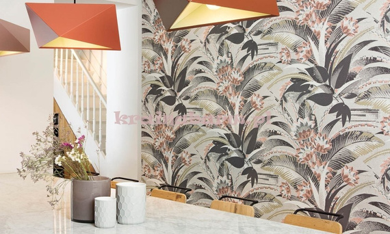 Tapeta z dużym wzorem liści i kwiatów  w szarościach czerni  czerwieni  w stylu Art-deco