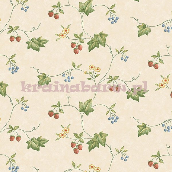Tapeta z poziomkami, jagodami, kwiatkami na beżowym tle