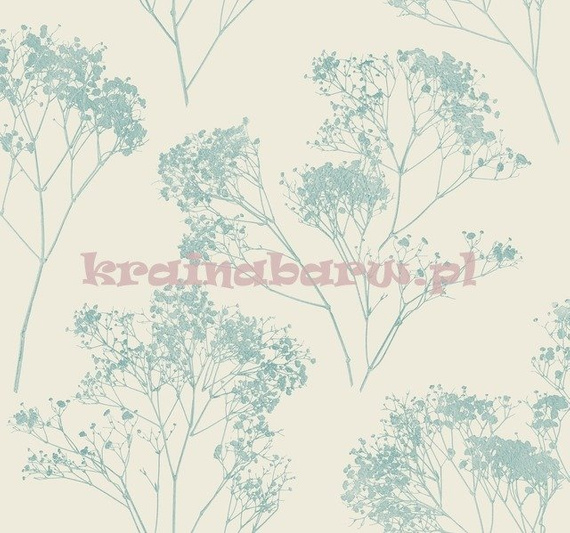 Tapeta botaniczna z gałązkami drobnych turkusowych kwiatów na białym tle 