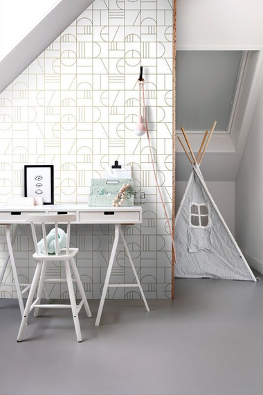 Modna tapeta 139141 geometryczna w stylu Art Deco biało złota