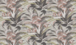 Tapeta z dużym wzorem liści i kwiatów w beżach brązach  w stylu Art-deco