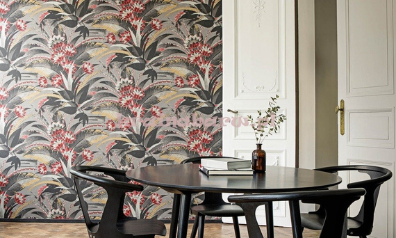 Tapeta z dużym wzorem liści i kwiatów  w szarościach czerni  czerwieni  w stylu Art-deco
