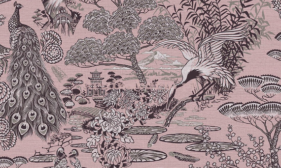 Stylowa tapeta  pawie ptaki   lilie w japońskim ogrodzie w stonowanym różu