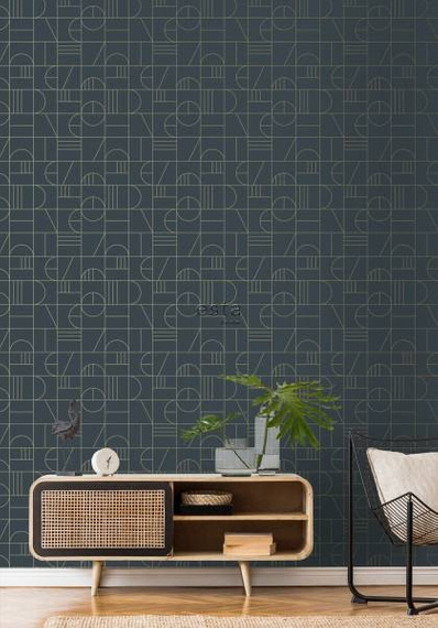 Modna tapeta 139210 geometryczna w stylu Art Deco ciemnoniebieska złota