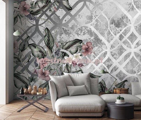 Fototapeta tropikalne kwiaty liście ornamenty w szarościach Bahama 2
