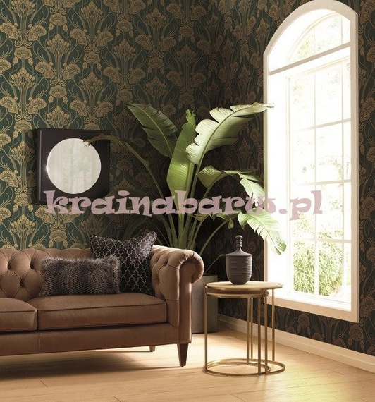 Tapeta Art Déco Kwiatowy Ornament złoty na ciemno zielonym tle