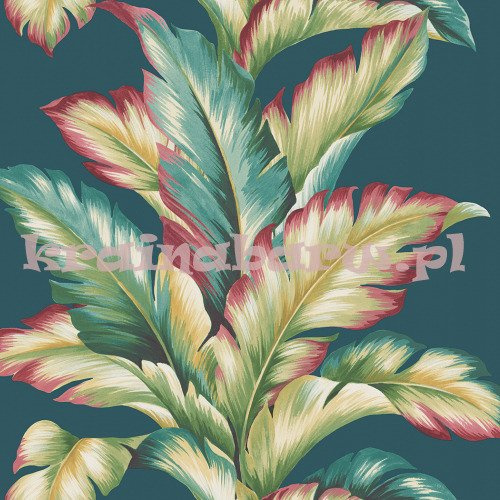 Tapeta z efektownym wzorem dużych kolorowych liści na zielonym tle w stylu art deco