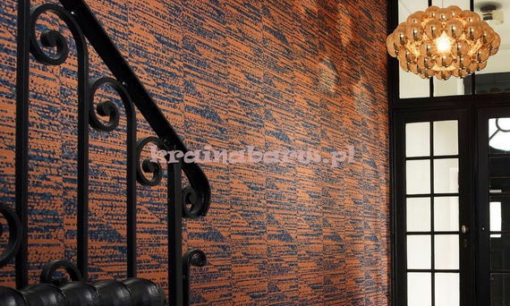 Nowoczesna geometryczna połyskująca tapeta w granatach metalicznym pomarańczu w stylu Art Deco