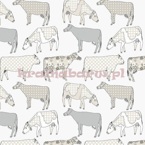 Tapeta z  szarymi i beżowymi krówkami  na białym tle