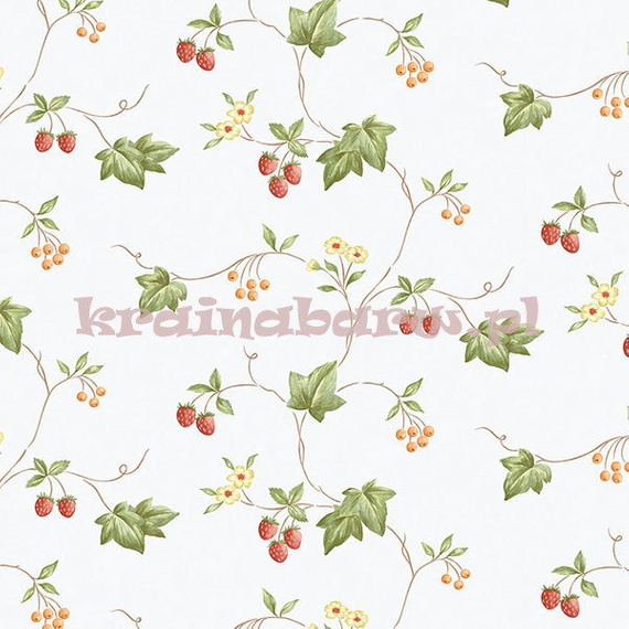 Tapeta z poziomkami , kwiatkami, listkami białym tle