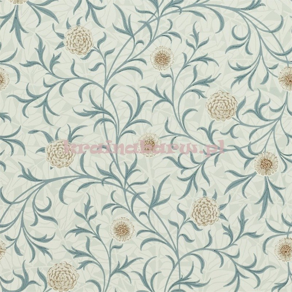 Stylowa tapeta z kwiatem nagietka w brązach i niebieskimi listkami