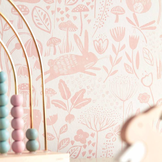 Tapeta dla dzieci 112631 Wesoła łąka z królikami kwiatami Duck Egg